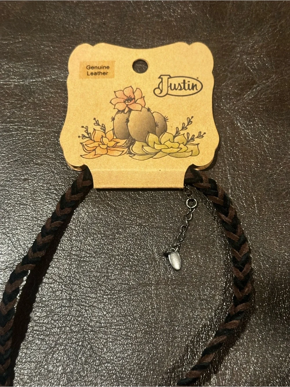 Justin Boots Braided Brown & Black Leather Necklace with Silver Accent